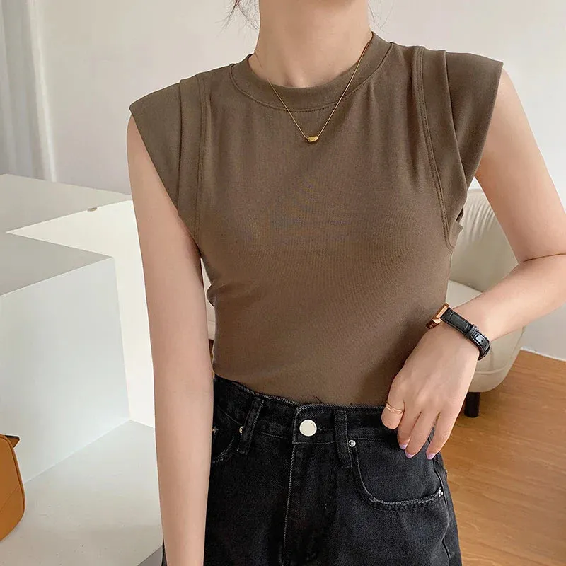 2024 Summer Sleeveless T-shirt Women Round Collar Solid Color Tank Top