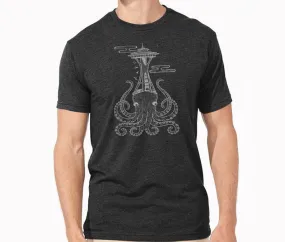 Adult Tee - Octo Space Needle on Heathered Gray Fitted Tee by Namu