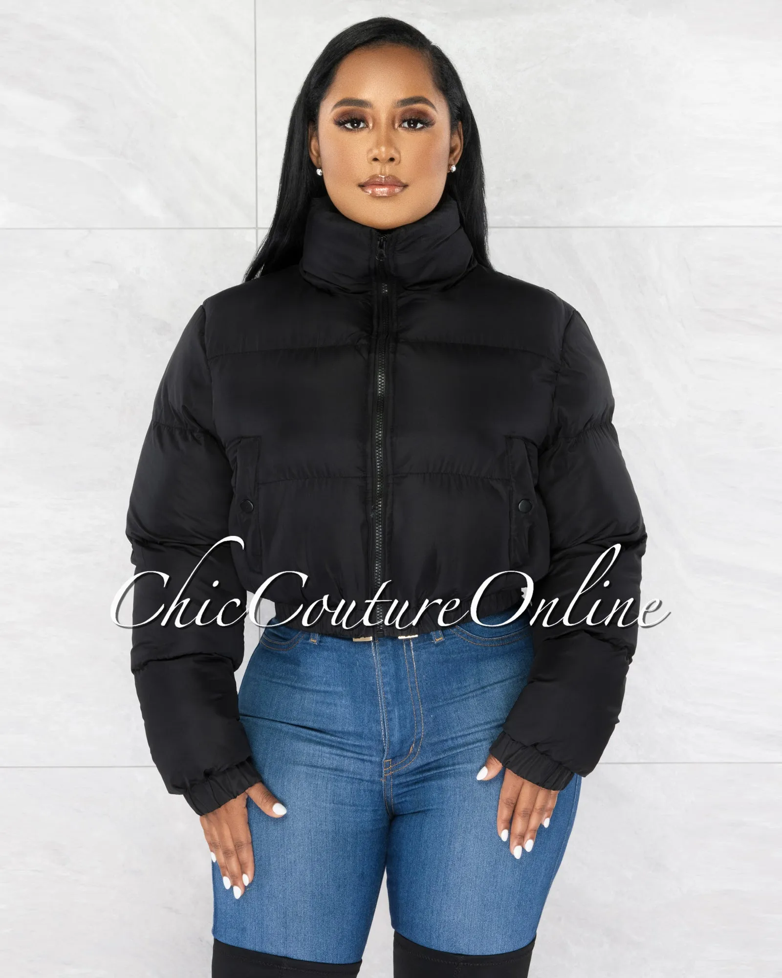 Alexa Black Puffy Bomber Jacket