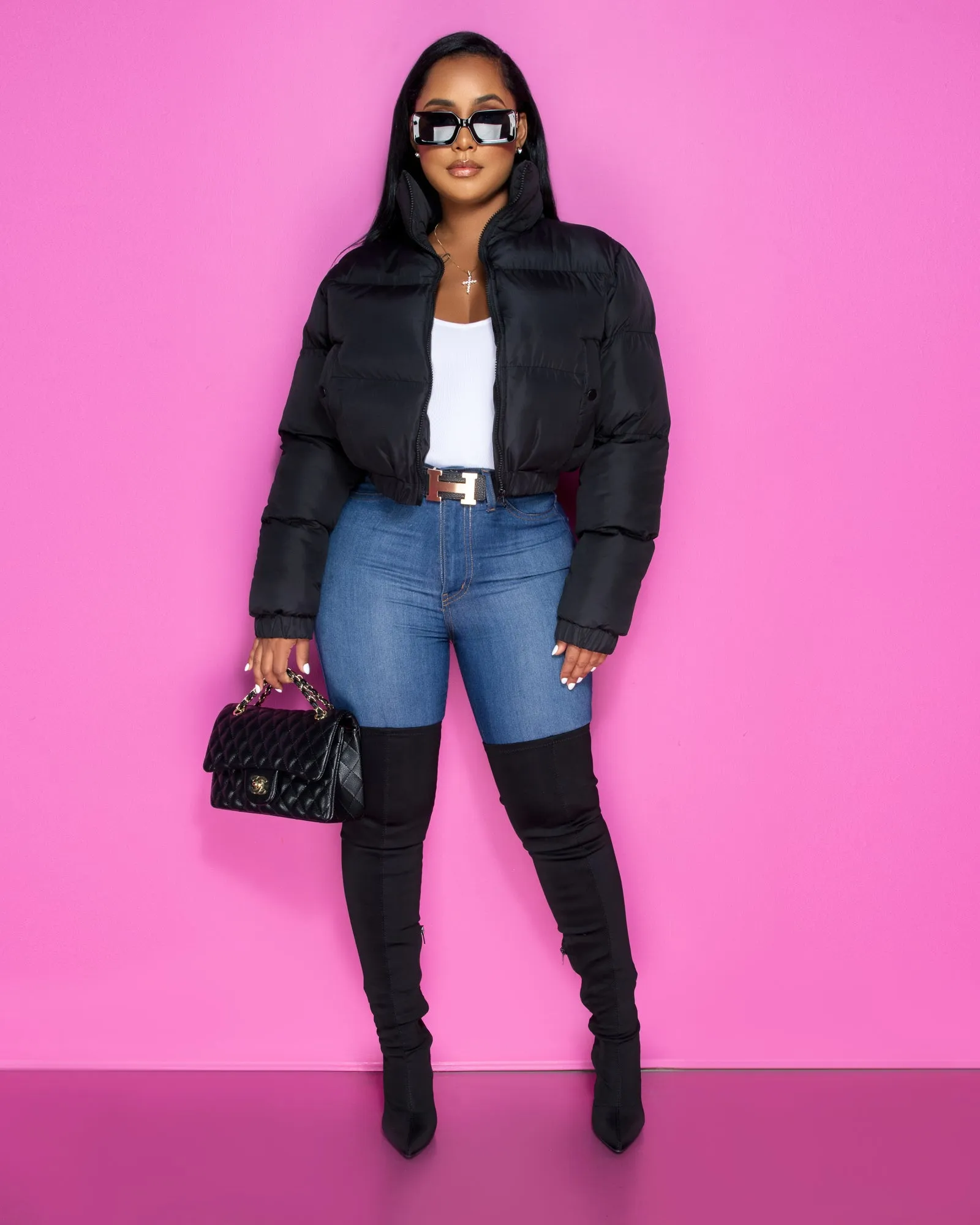 Alexa Black Puffy Bomber Jacket