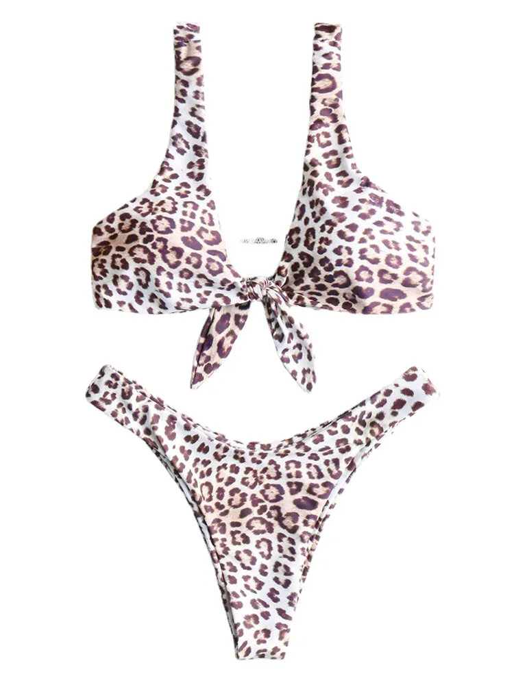 Animal Leopard Printing Tie Front Wide Shoulder Backless Mid Waist Bikini