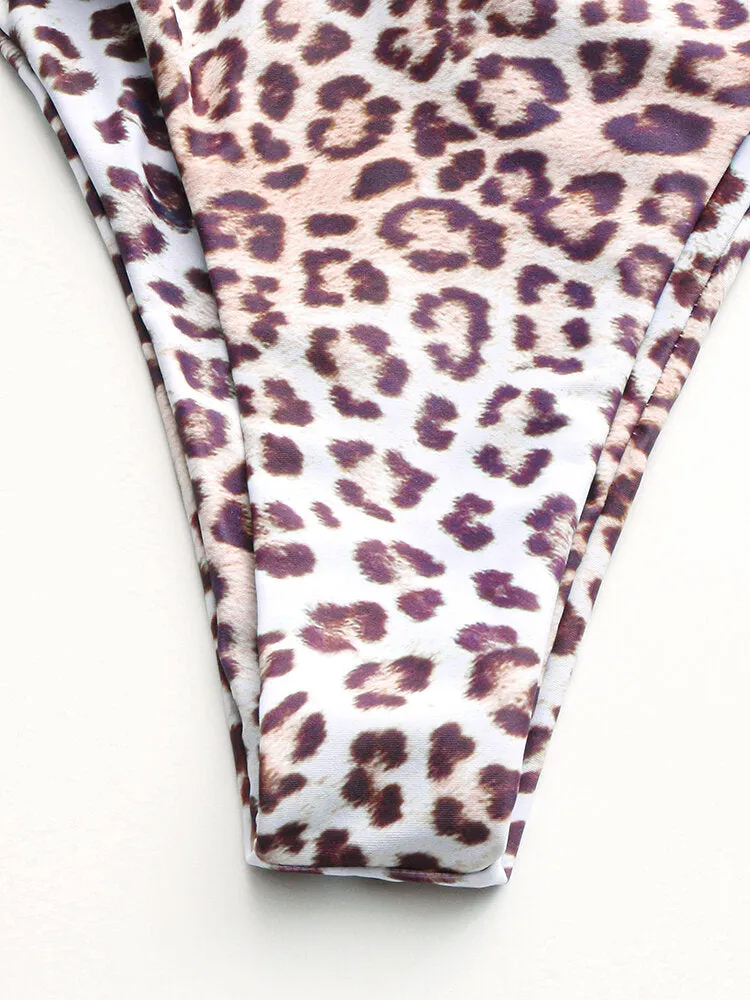 Animal Leopard Printing Tie Front Wide Shoulder Backless Mid Waist Bikini