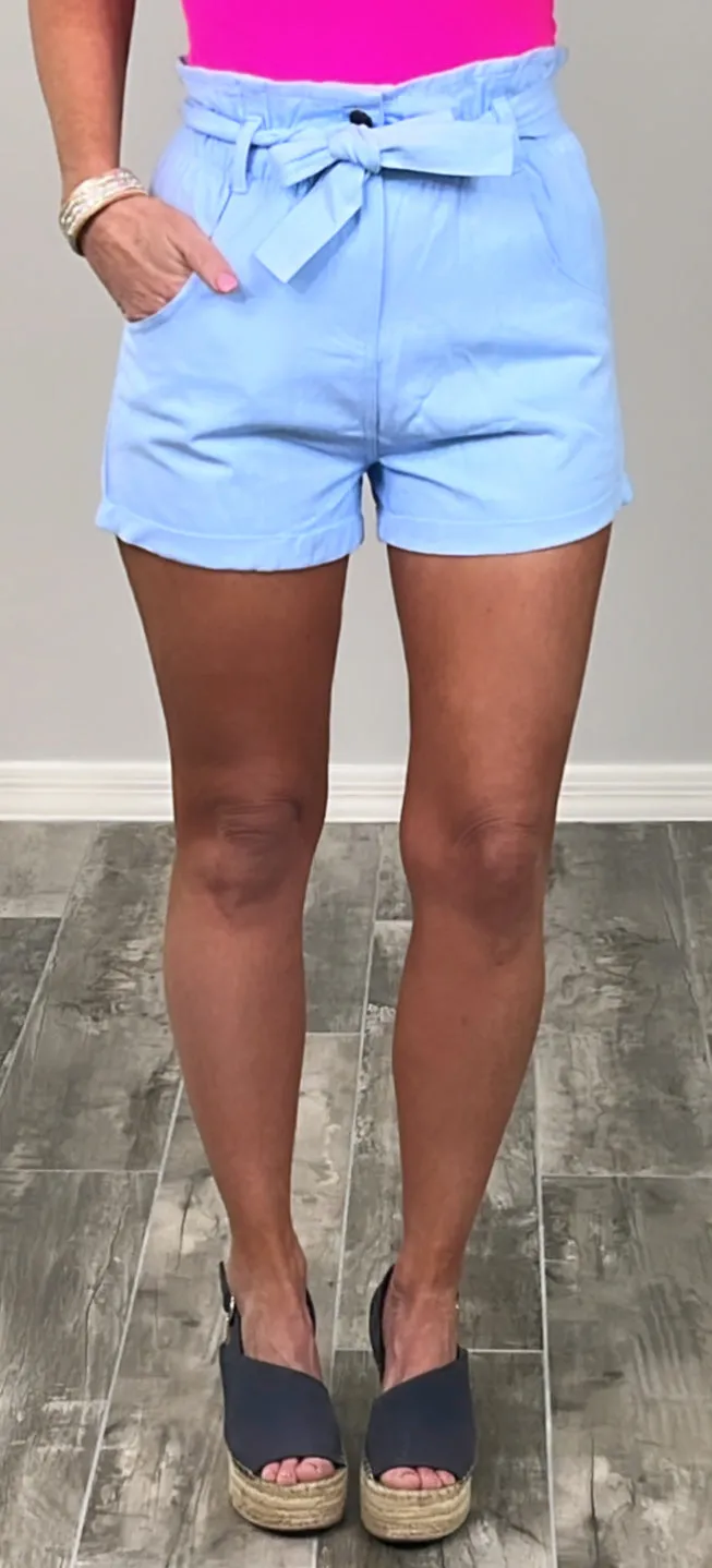 Bayside Stroll Paperbag Shorts - Sky Blue