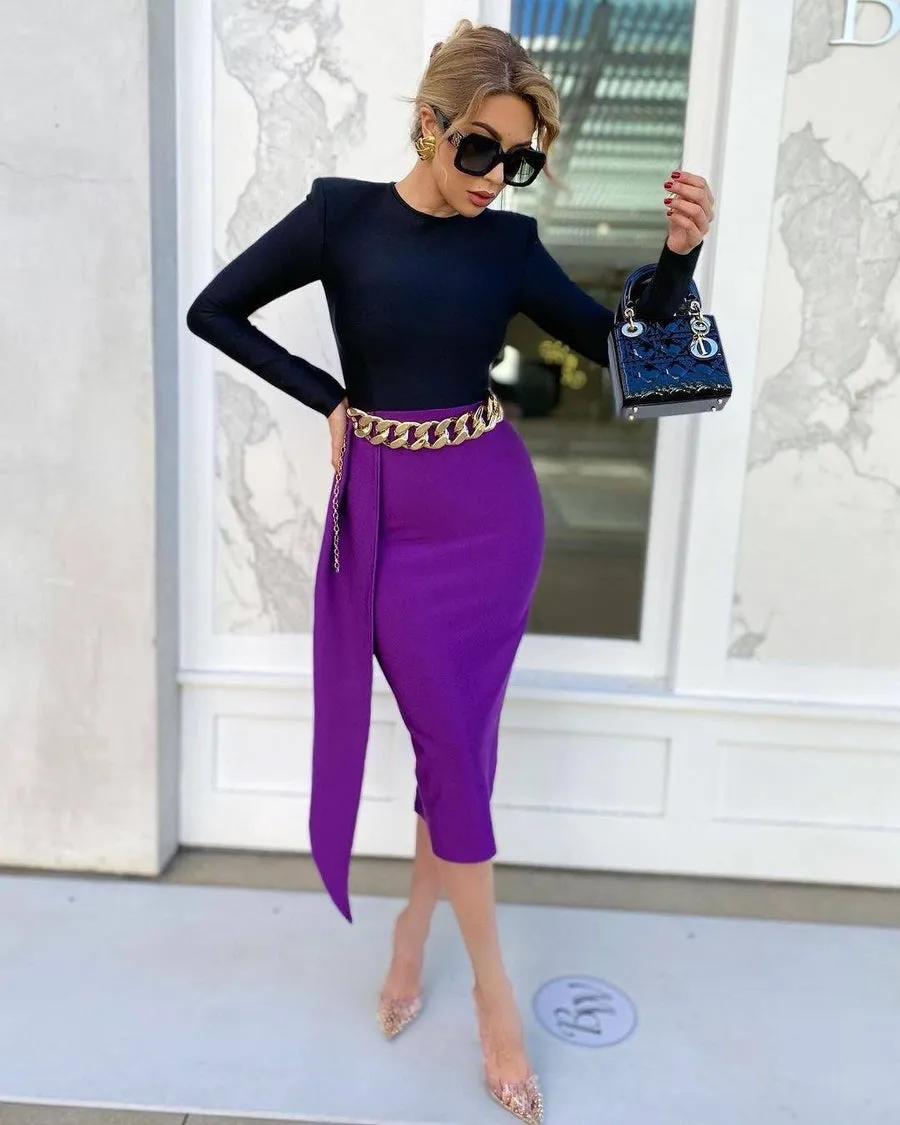 Black and Purple Bodycon Midi Dress