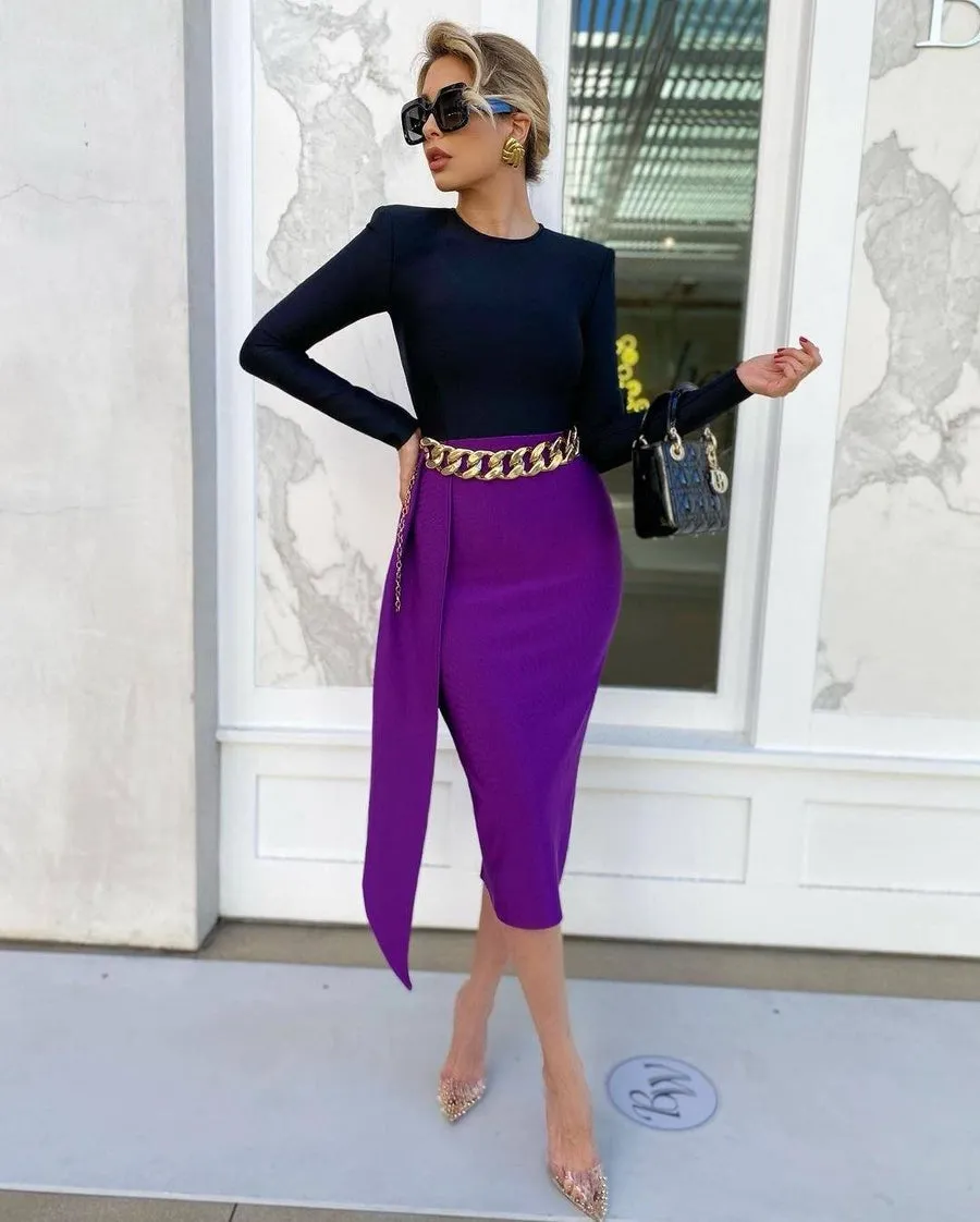 Black and Purple Bodycon Midi Dress