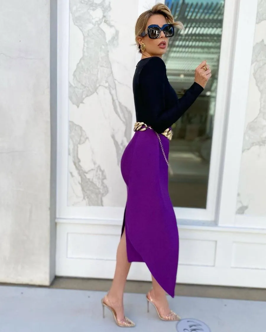 Black and Purple Bodycon Midi Dress