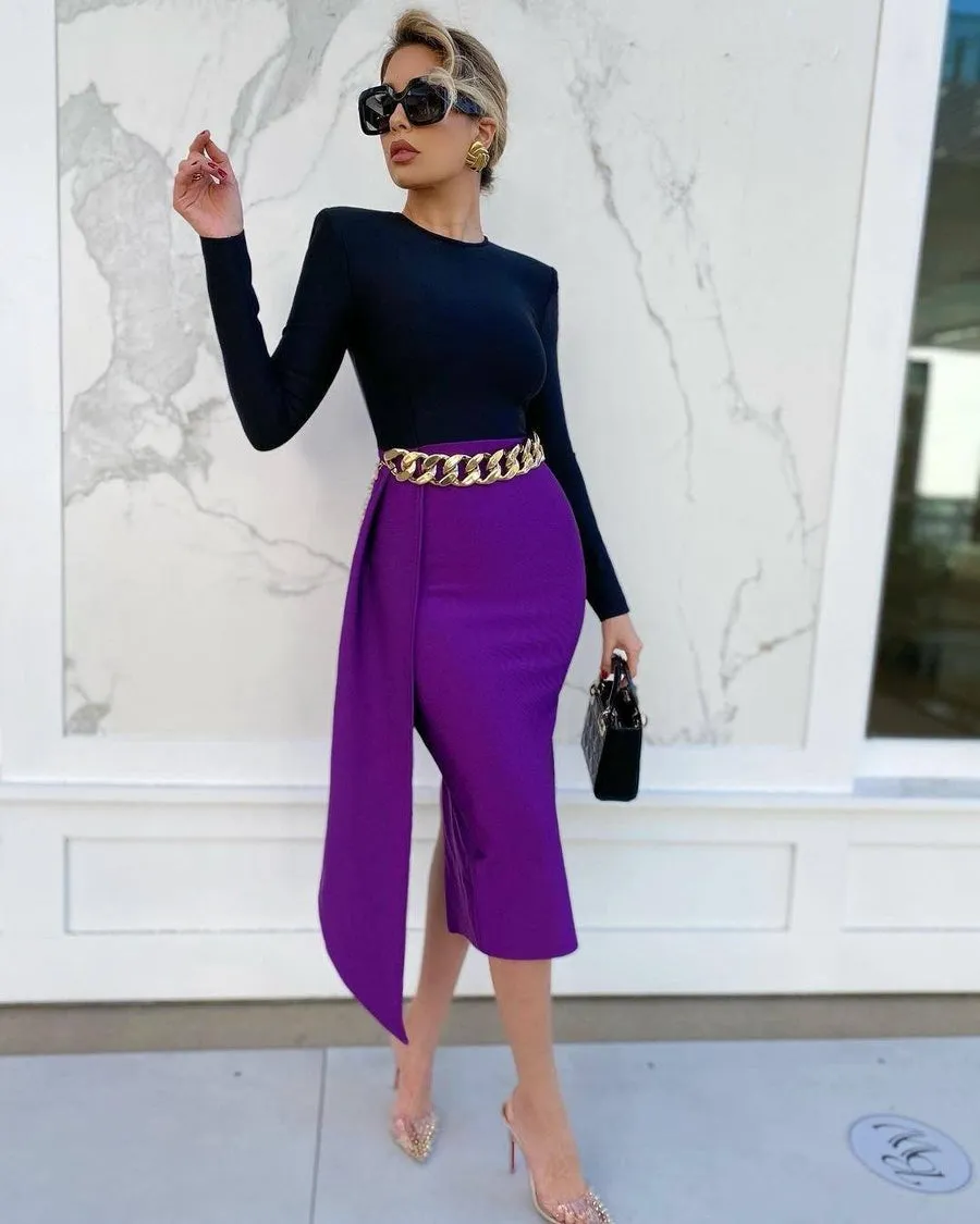 Black and Purple Bodycon Midi Dress