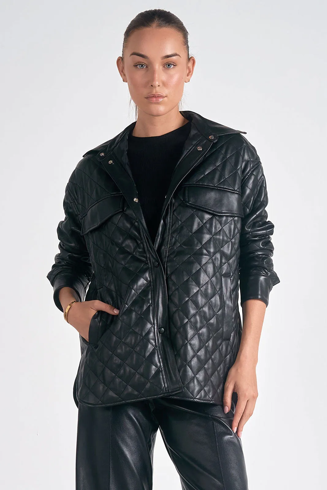 Black Quilted Faux Leather Shacket