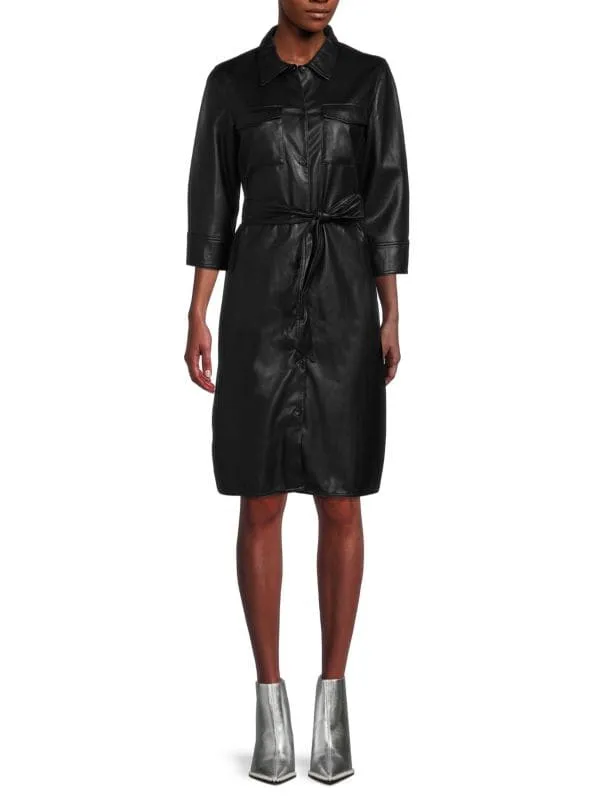 Calvin Klein Faux Leather Shirt Dress, Black