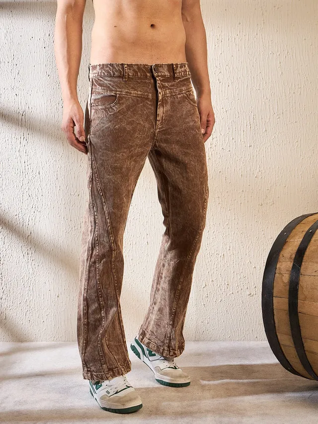 Cinnamon grunge wash cut & sew flared denim