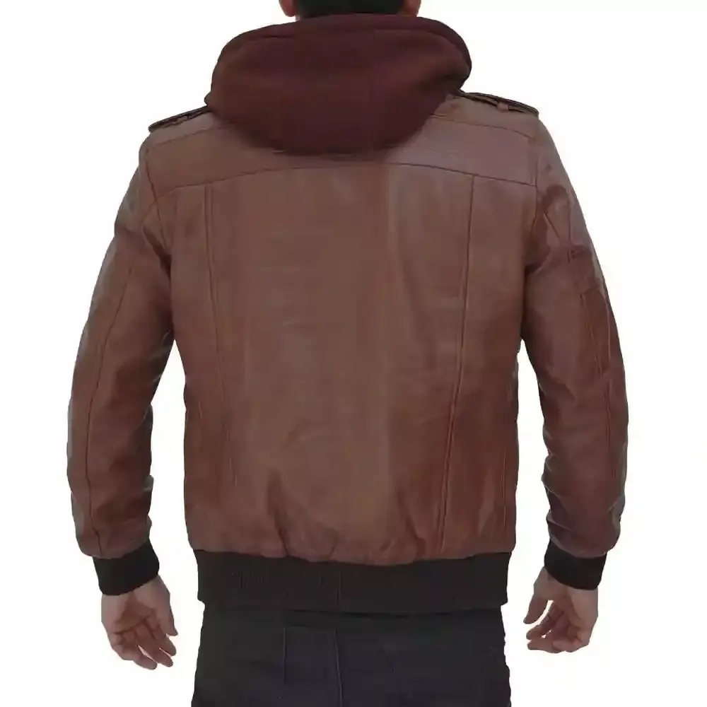 Dark Brown Bomber Jacket with Hood | Men Leather Jacket by The Jacket Seller