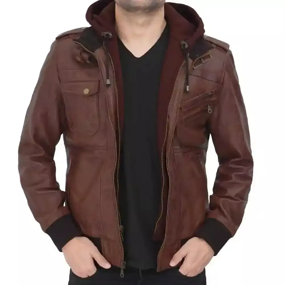 Dark Brown Bomber Jacket with Hood | Men Leather Jacket by The Jacket Seller