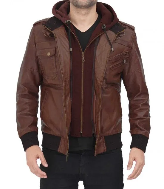 Dark Brown Bomber Jacket with Hood | Men Leather Jacket by The Jacket Seller