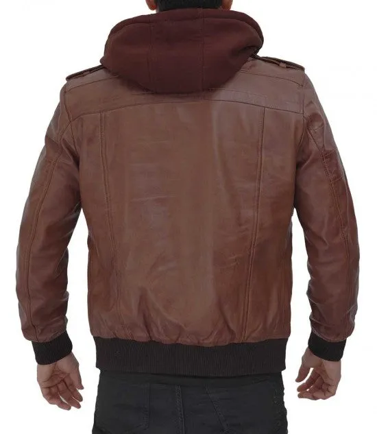 Dark Brown Bomber Jacket with Hood | Men Leather Jacket by The Jacket Seller