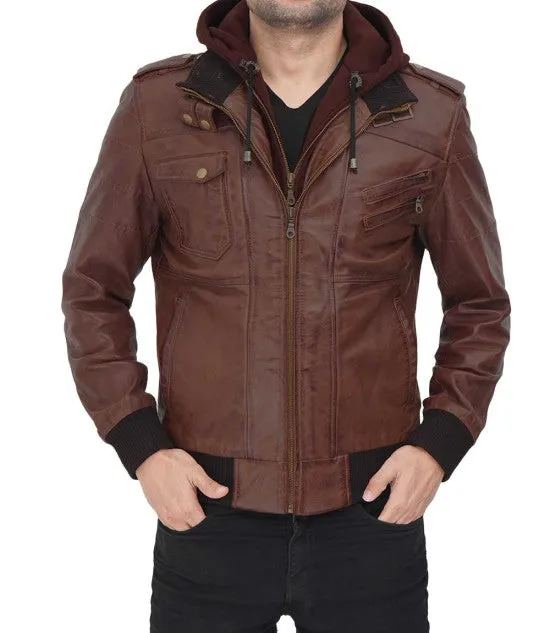 Dark Brown Bomber Jacket with Hood | Men Leather Jacket by The Jacket Seller