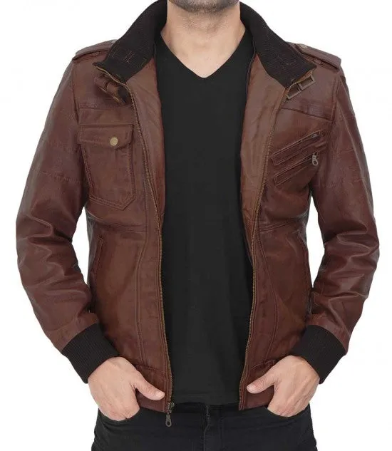 Dark Brown Bomber Jacket with Hood | Men Leather Jacket by The Jacket Seller