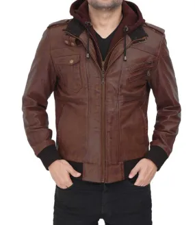 Dark Brown Bomber Jacket with Hood | Men Leather Jacket by The Jacket Seller