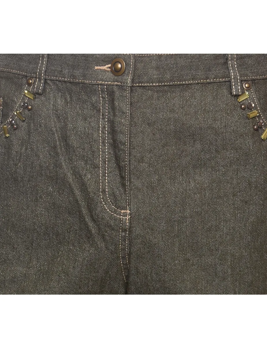 Dark Wash Beaded Denim Trousers - W32 L28