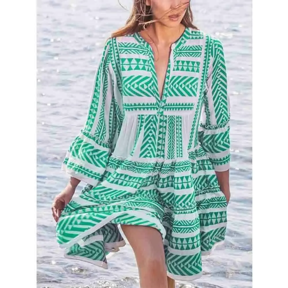 FashionSierra - New Ladies Women Fashion Boho Summer Smock Swing Dress Tops Holiday Beach Casual V Neck Loose Frill Sundress