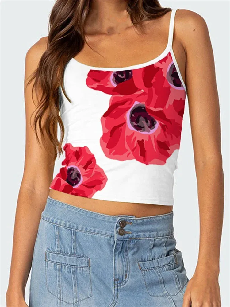 Floral Print Sleeveless Backless Slim Fit Spaghetti Strap Cropped Summer Mini Streetwear Cami Top