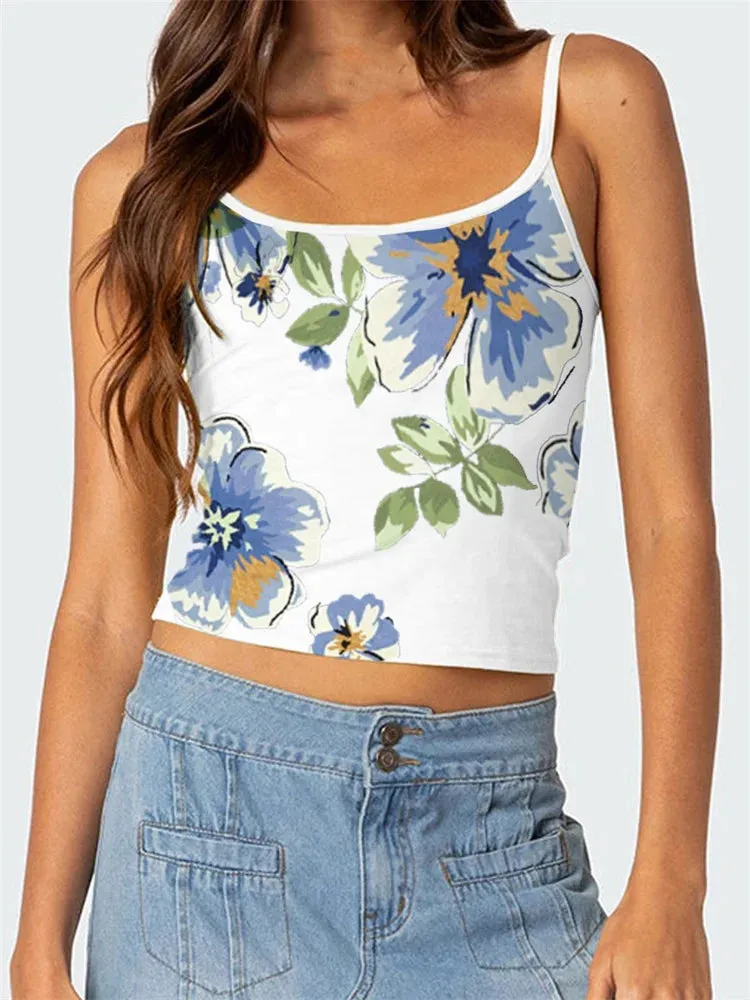 Floral Print Sleeveless Backless Slim Fit Spaghetti Strap Cropped Summer Mini Streetwear Cami Top