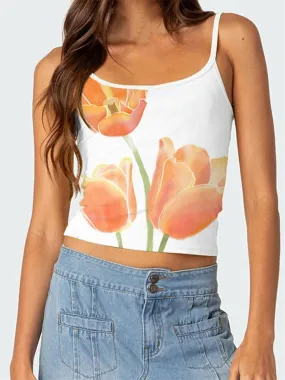 Floral Print Sleeveless Backless Slim Fit Spaghetti Strap Cropped Summer Mini Streetwear Cami Top