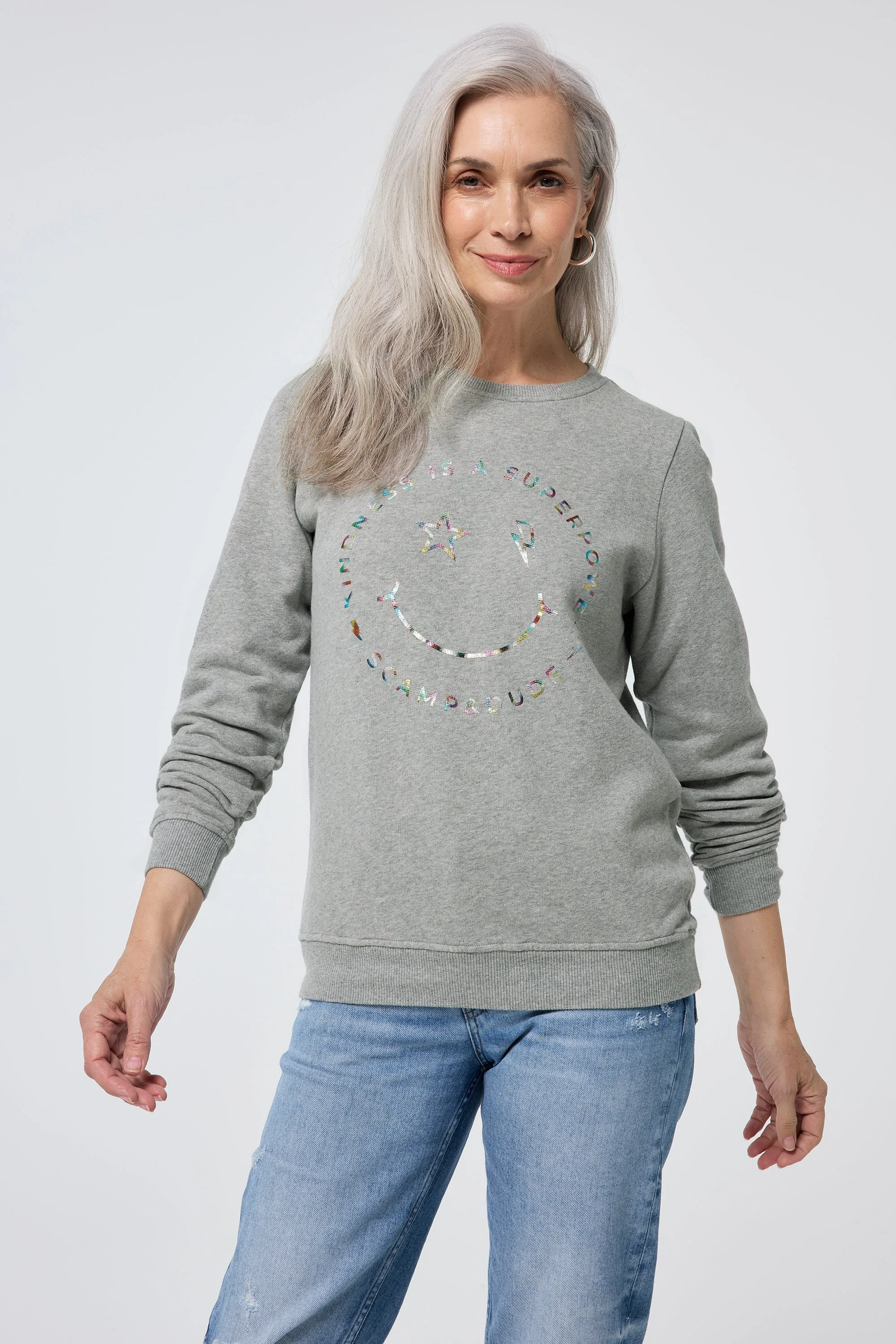 Grey Marl with Rainbow Foil Smiley Face Classic Sweatshirt