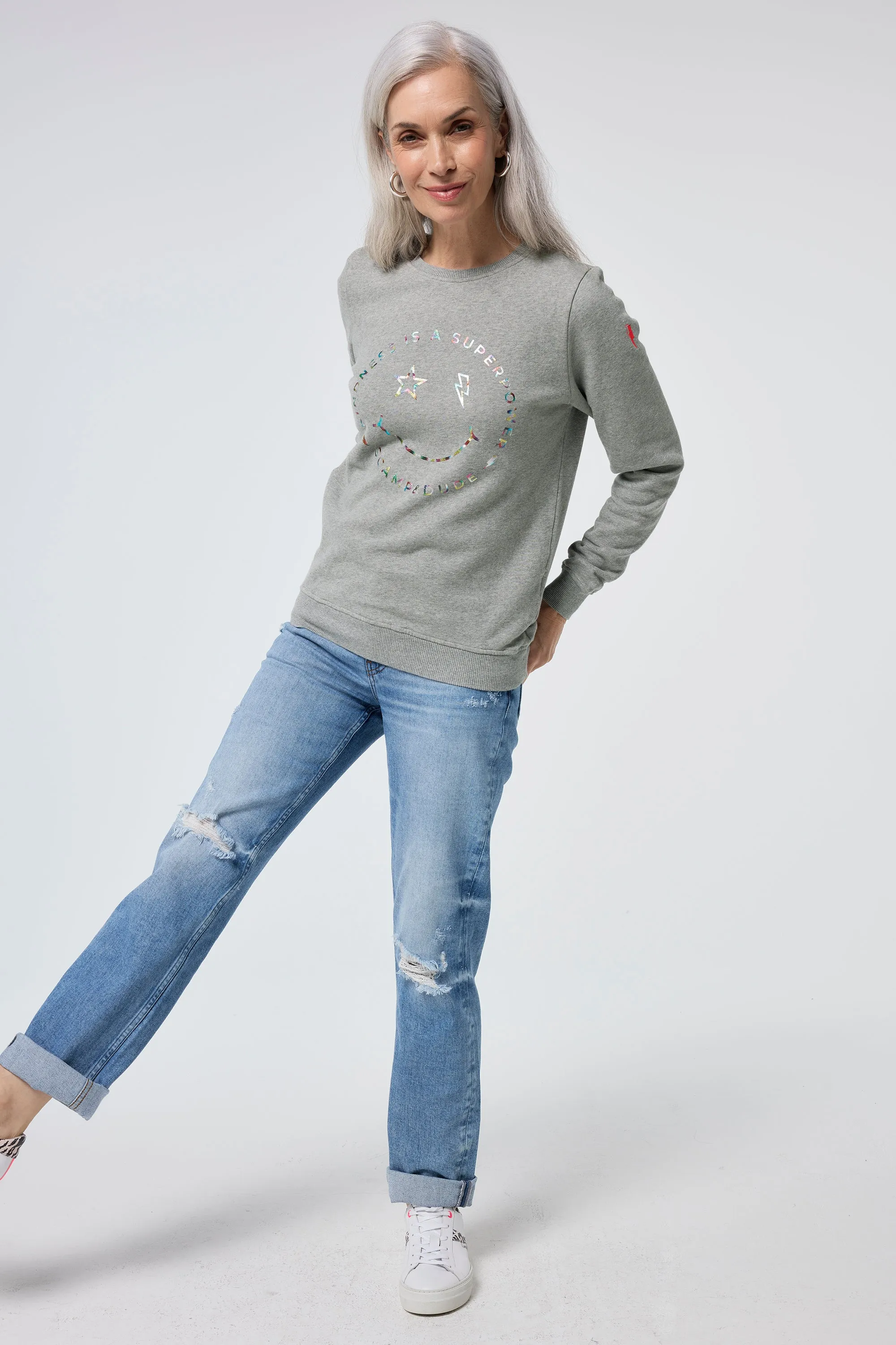 Grey Marl with Rainbow Foil Smiley Face Classic Sweatshirt