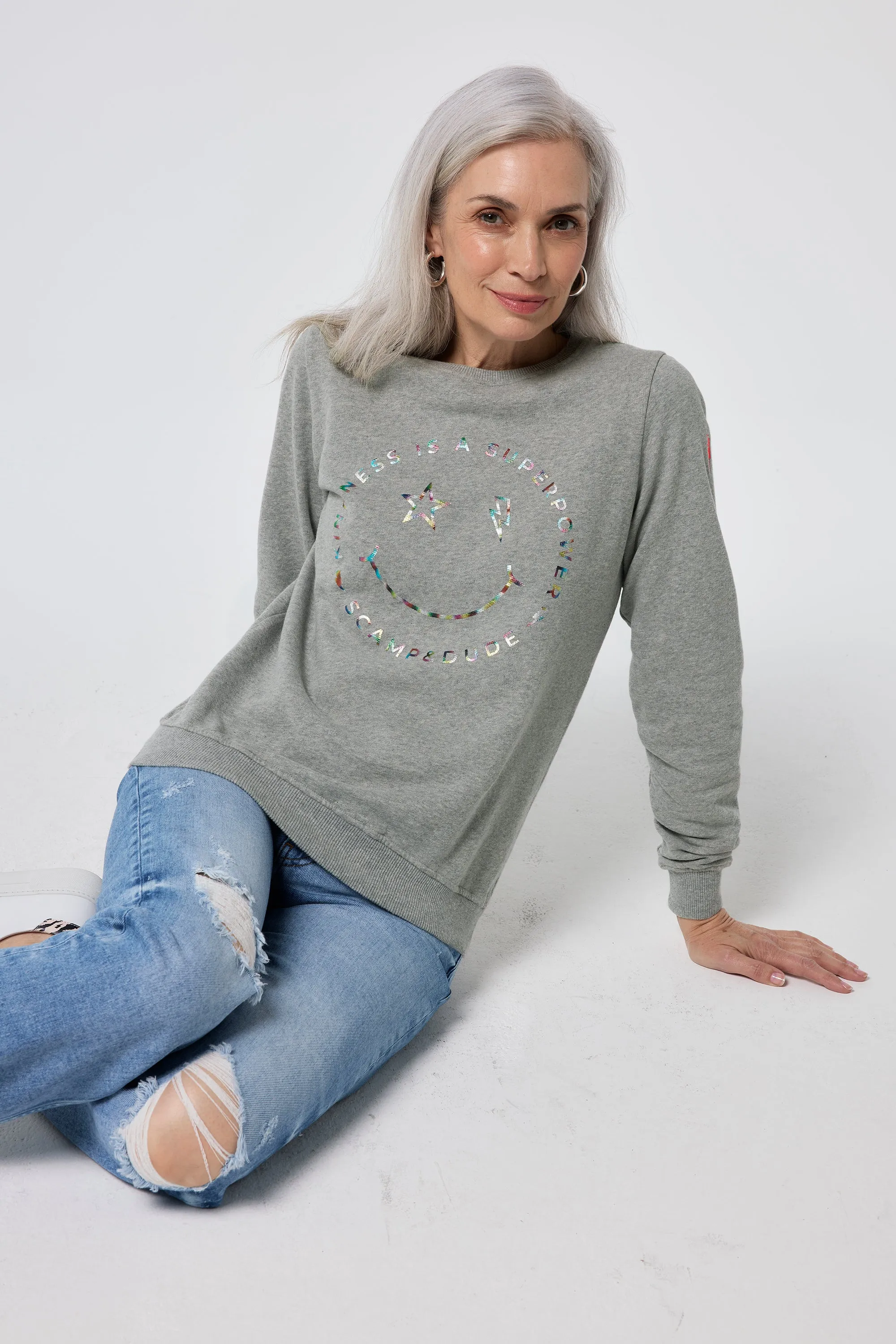 Grey Marl with Rainbow Foil Smiley Face Classic Sweatshirt