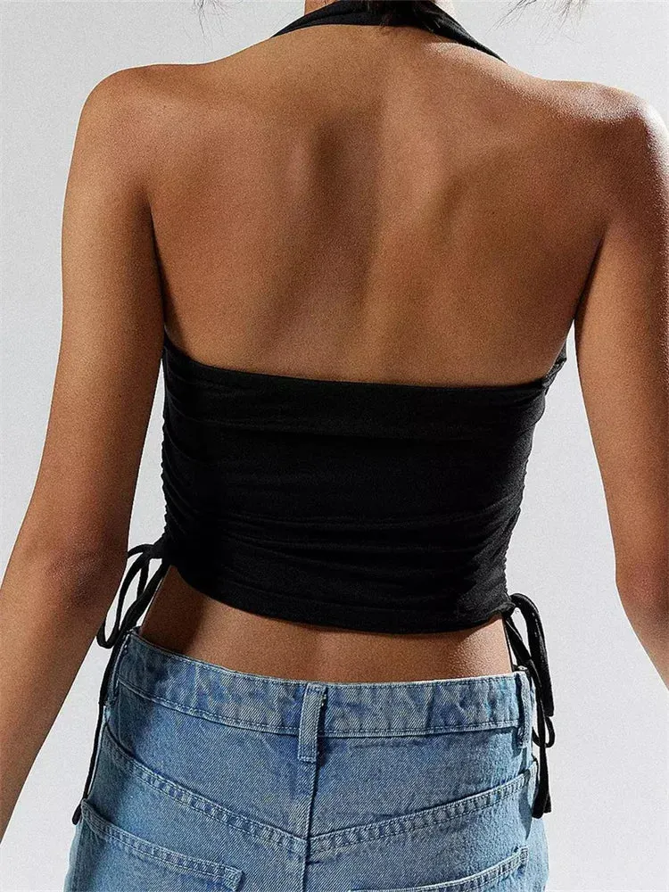 Halter Crop Side Drawstring Ruched Off Shoulder Streetwear Cami Top