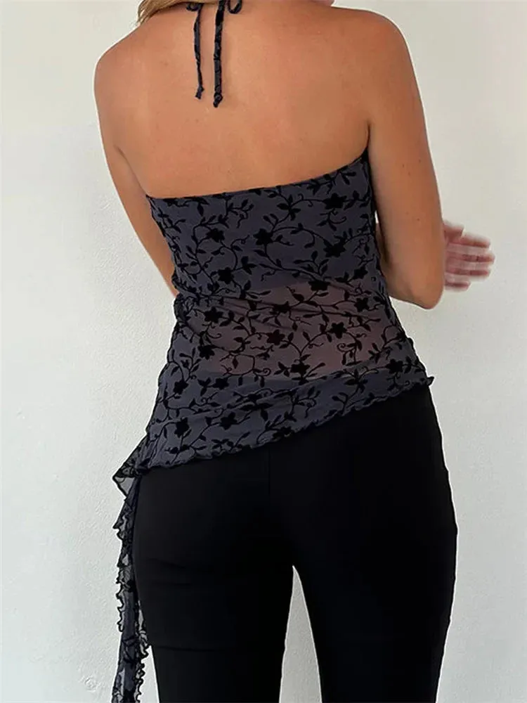 Halter Slim Fit See Through Sleeveless Backless Irregular Hem Flower Print Crop Summer Stylish Stunning Cami Top