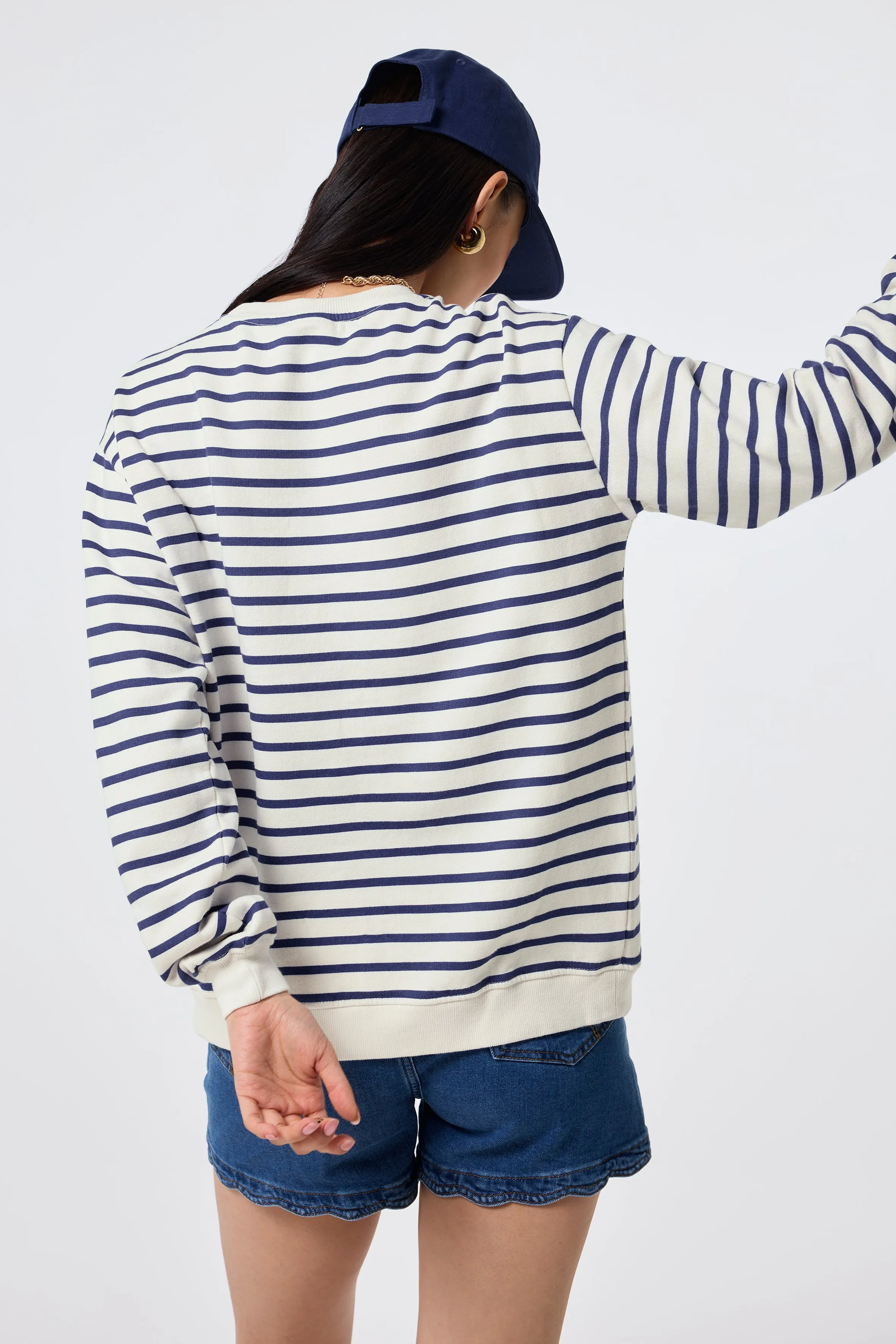 Ivory with Blue Stripe and Smiley Face Oversized Sweatshirt