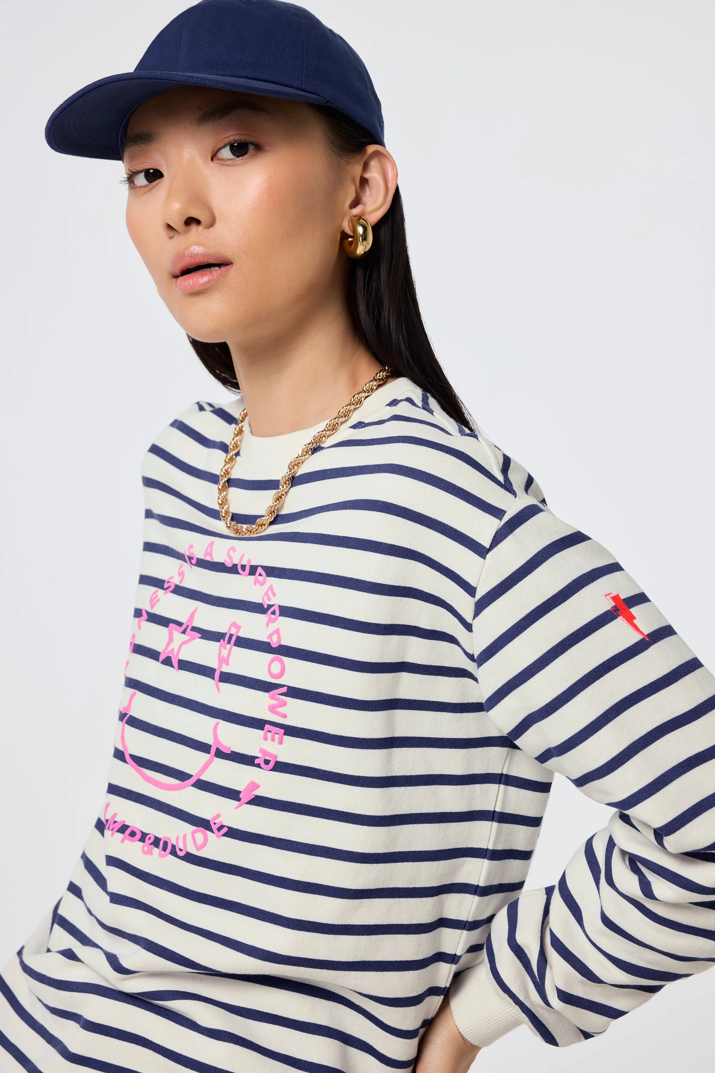 Ivory with Blue Stripe and Smiley Face Oversized Sweatshirt