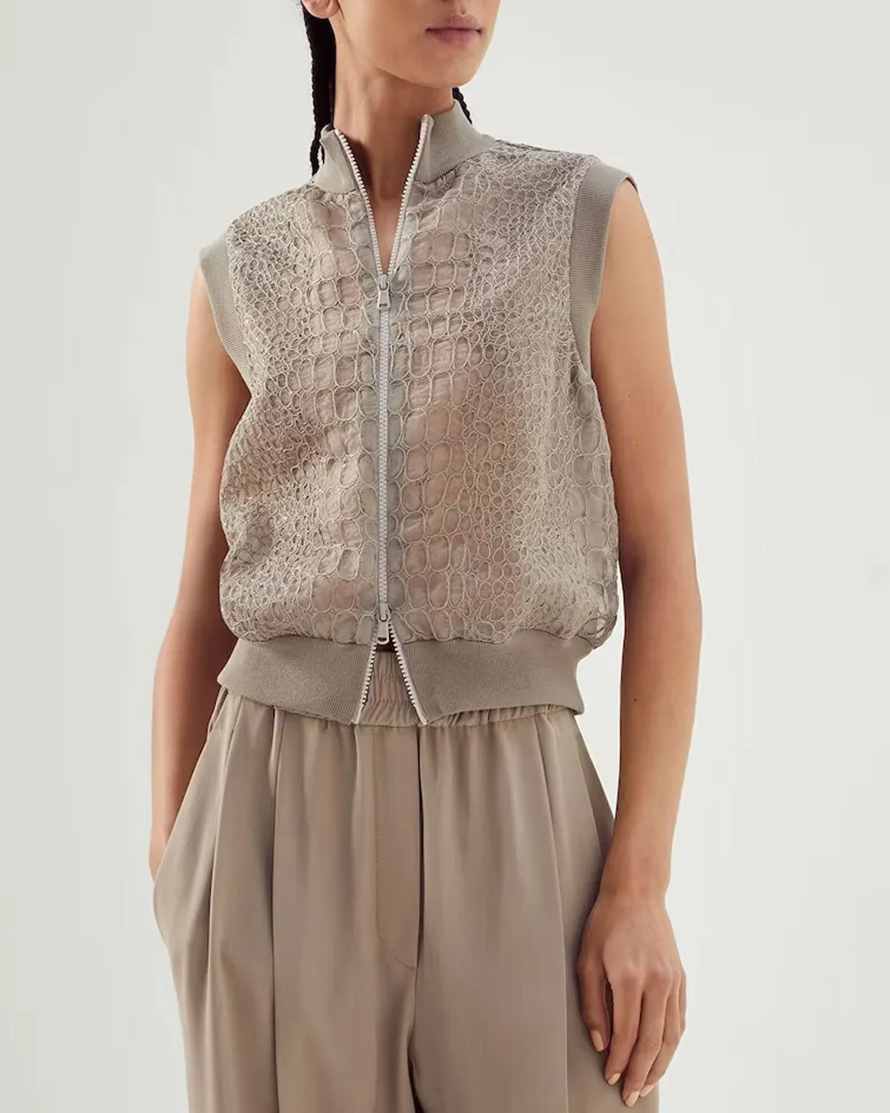 Khaki Embroidered Silk Bomber Vest