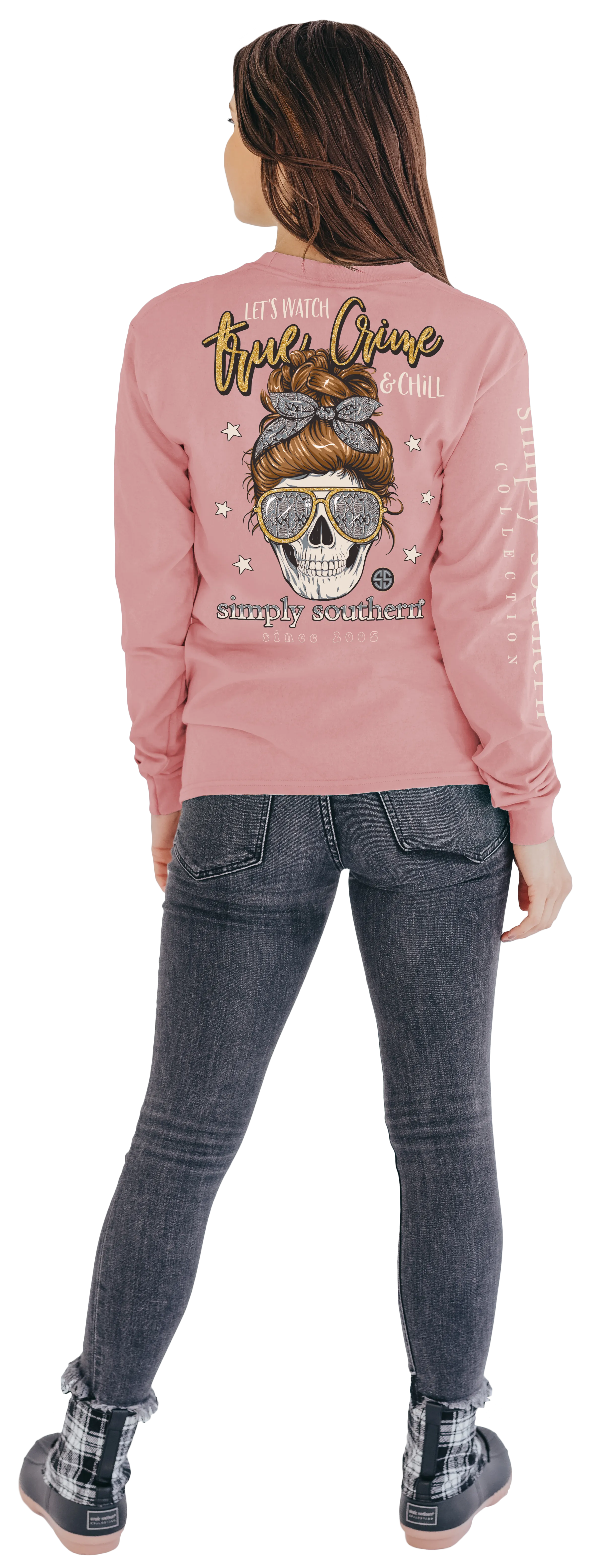 'Let's Watch True Crime & Chill' Messy Bun Long Sleeve Tee by Simply Southern