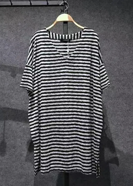 Loose Black V Neck Striped Side Open Cotton T Shirts Tops Summer AP068