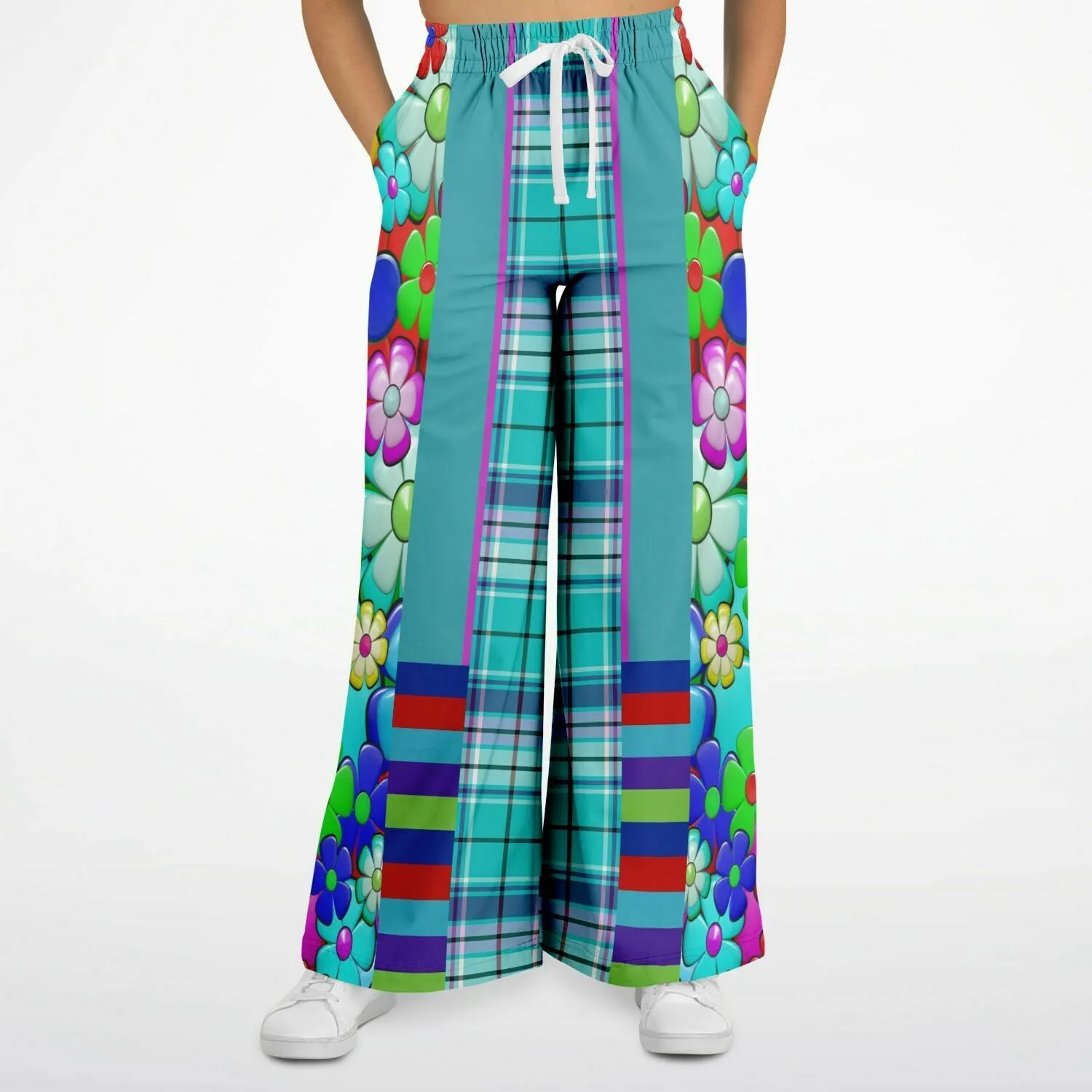 Make Me Happy Floral Plaid Eco-Poly Stretchy Phat Bellbottoms