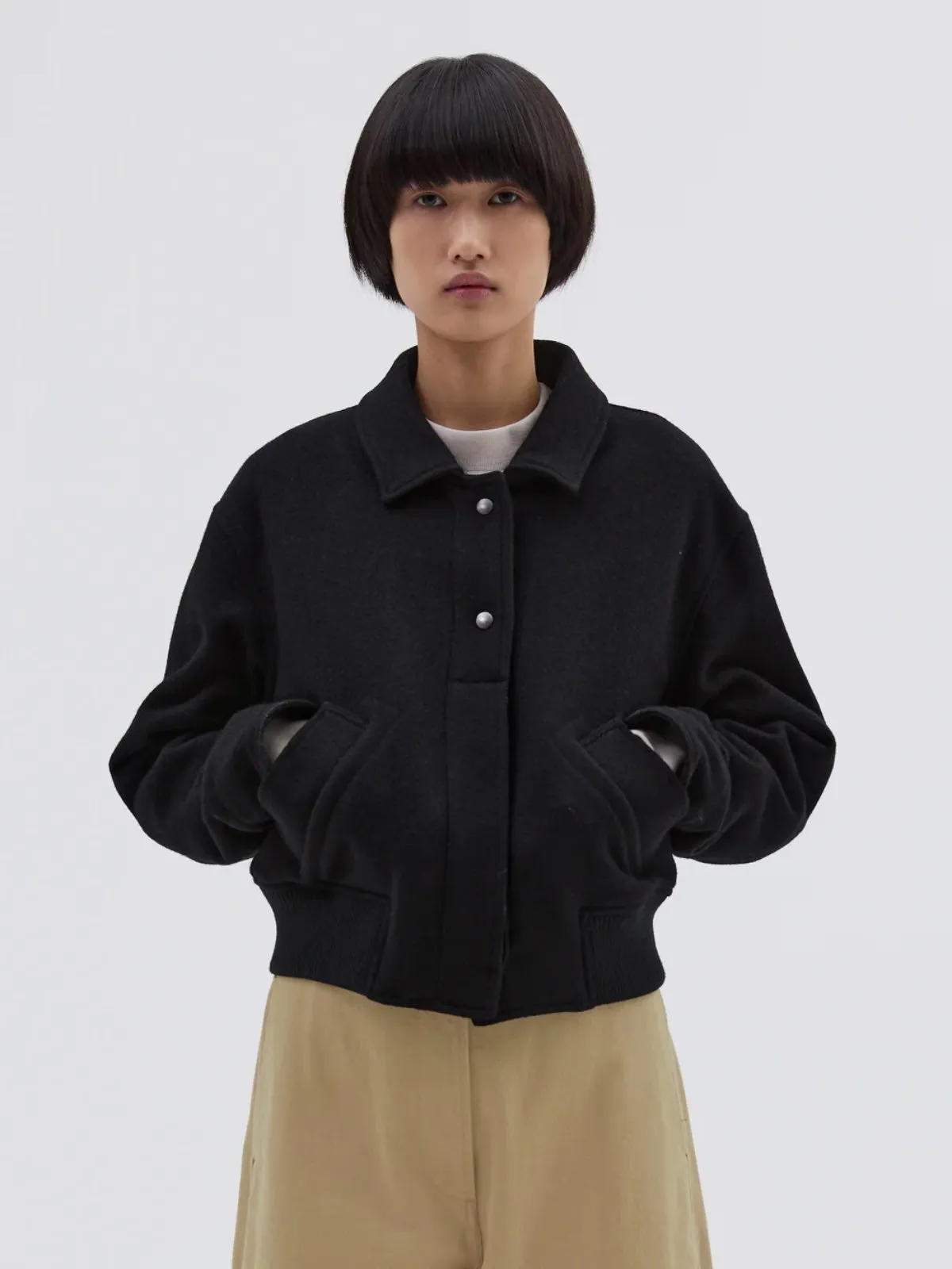 Margaret Howell MHL. Cropped Bomber Jacket Boiled Wool Melton Black