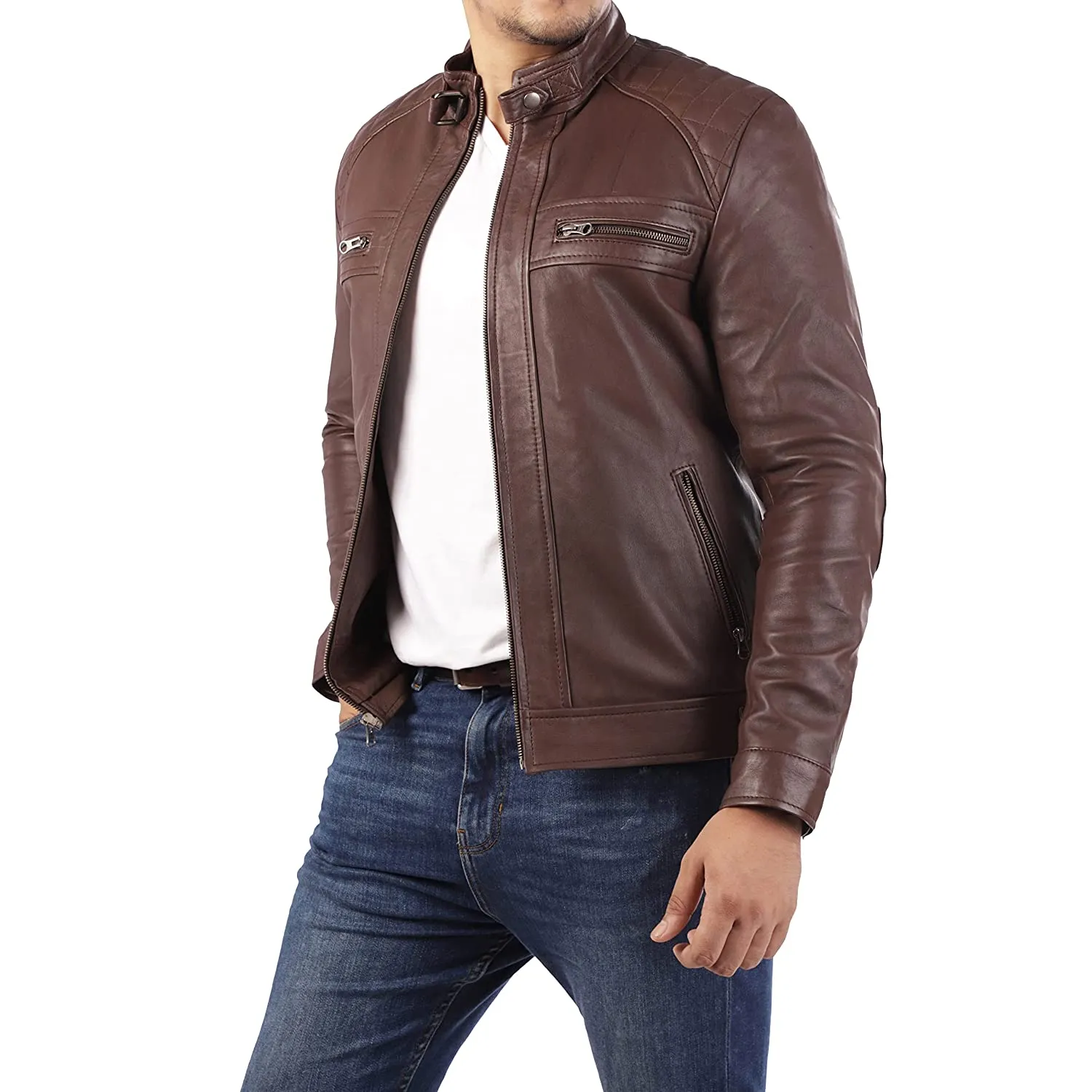 Men's Diamond Style Cafe Racer Brown Leather Jacket