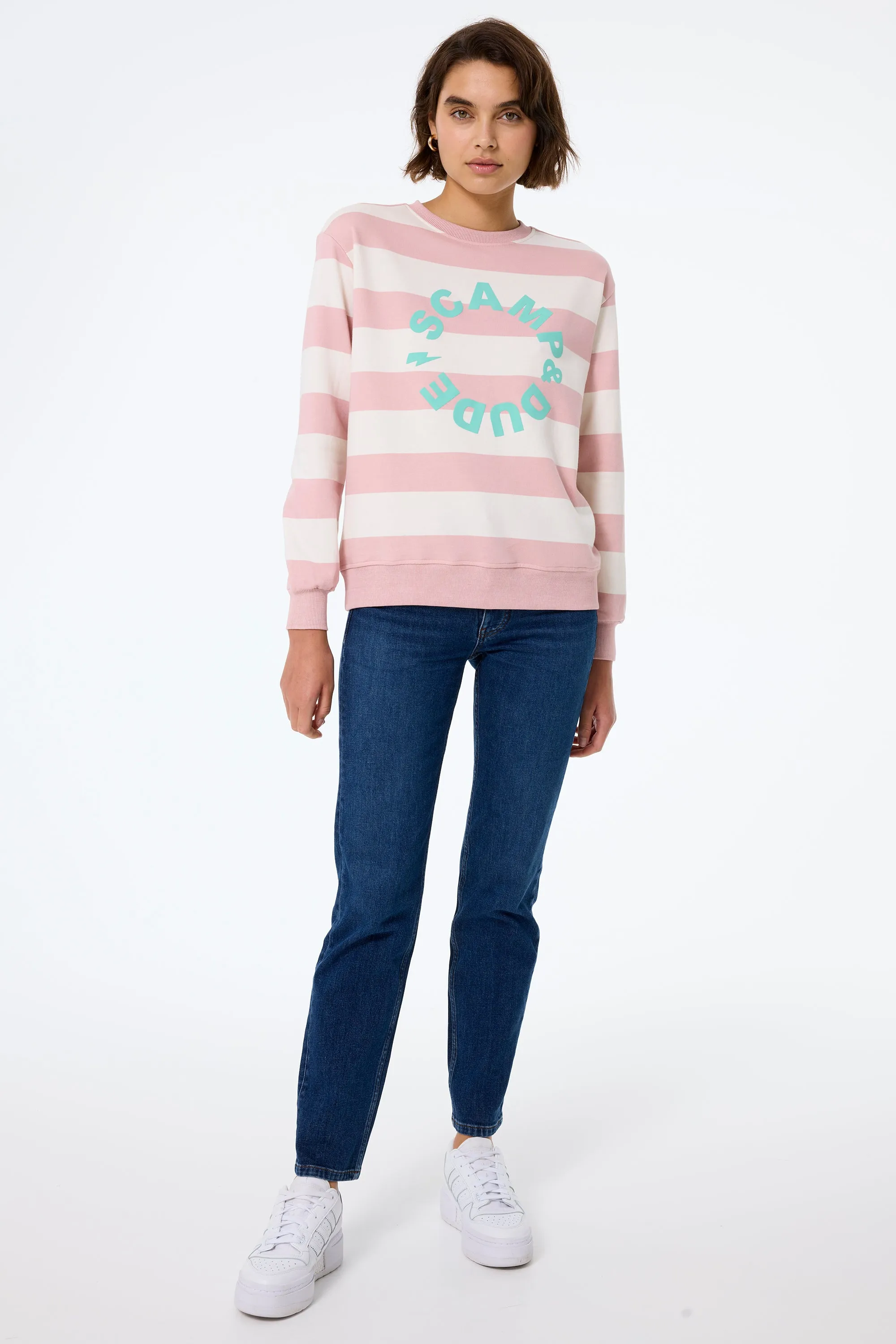 Pink with Cream Stripe and Logo Oversized Sweatshirt