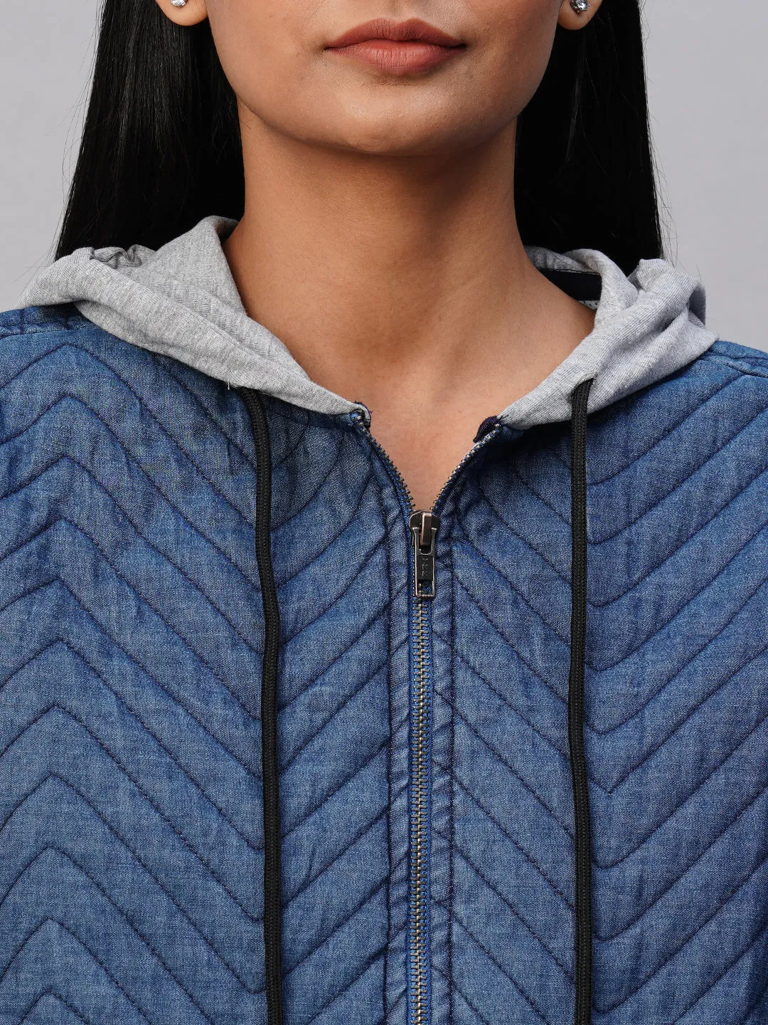 Quilted Denim Lined Zippered Hoodie