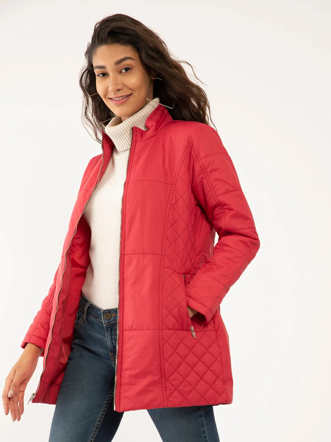 Red Solid Quilted Jackets