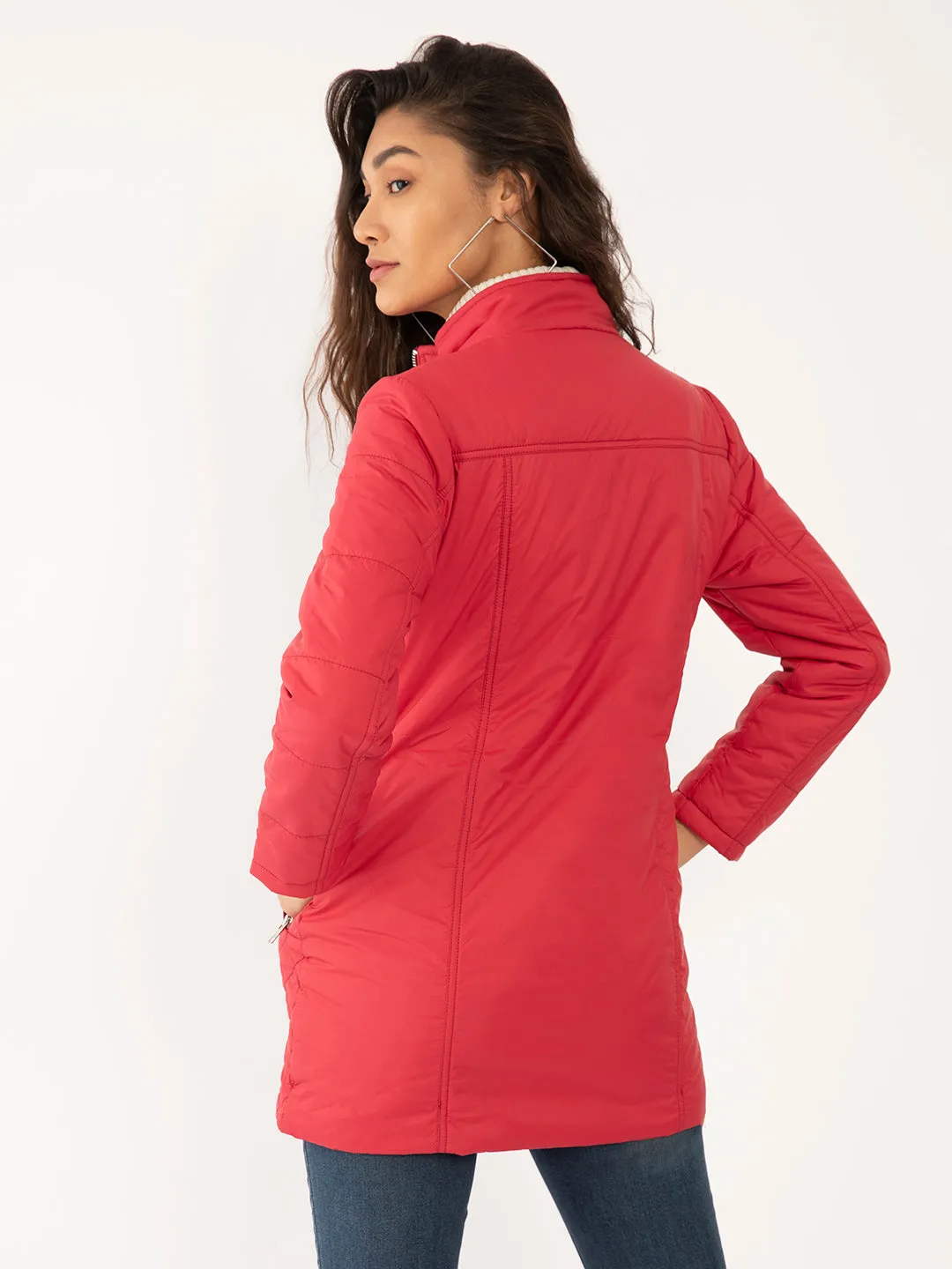 Red Solid Quilted Jackets