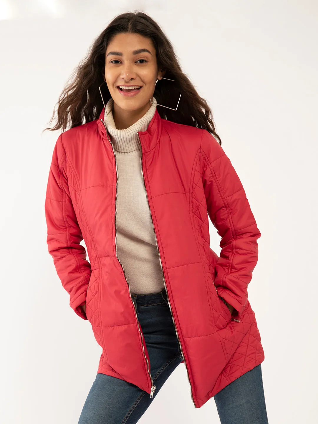 Red Solid Quilted Jackets