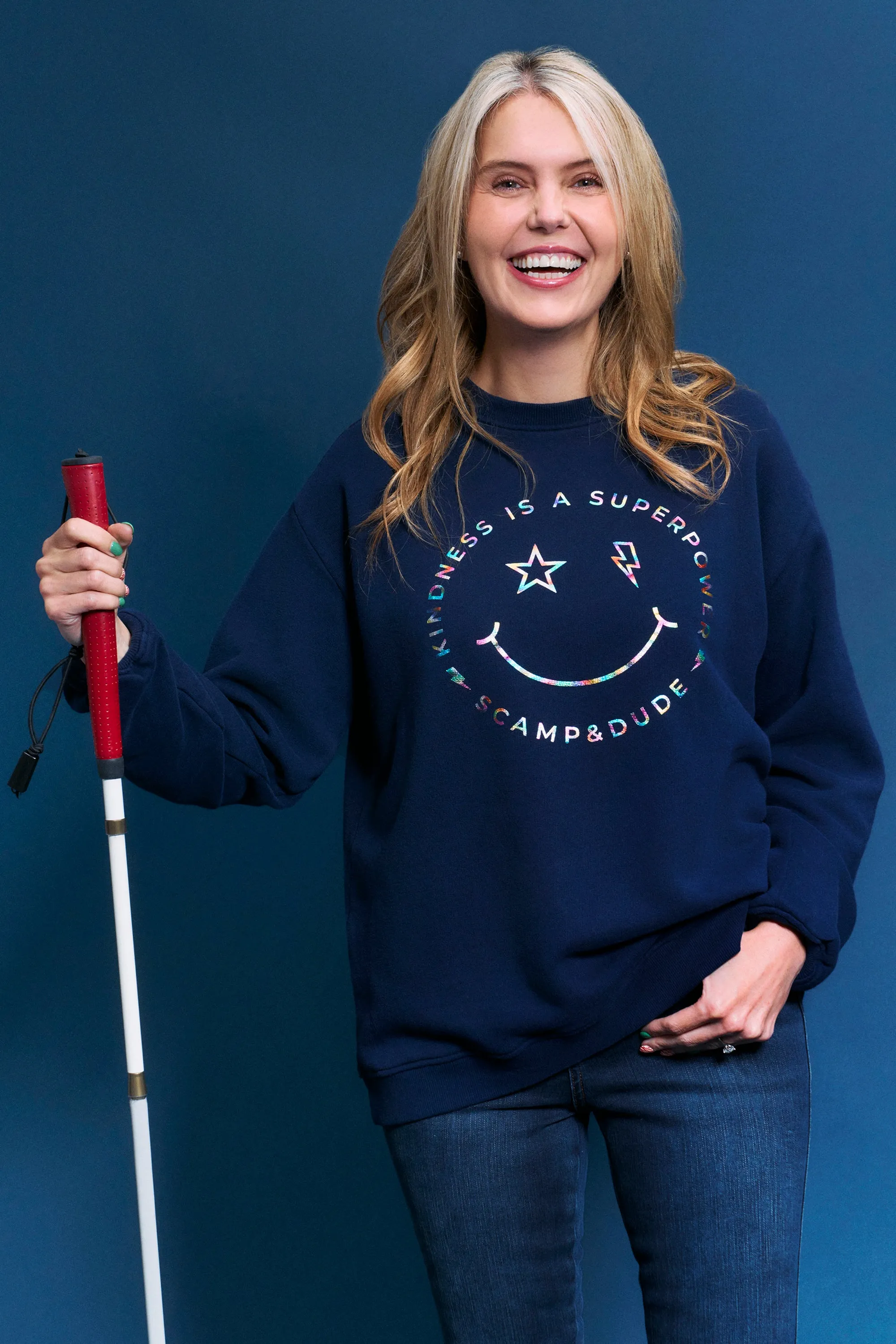 Scamp & Dude x Style For Stroke Navy with Rainbow Foil Smiley Face Oversized Sweatshirt