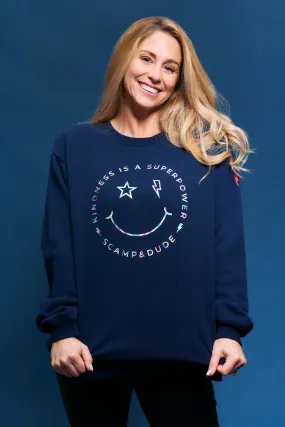 Scamp & Dude x Style For Stroke Navy with Rainbow Foil Smiley Face Oversized Sweatshirt