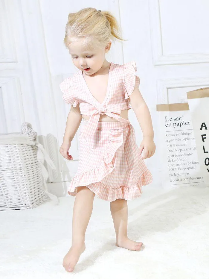 Stylish 2-piece Set Toddler Baby Girl Checked Tops Skirt