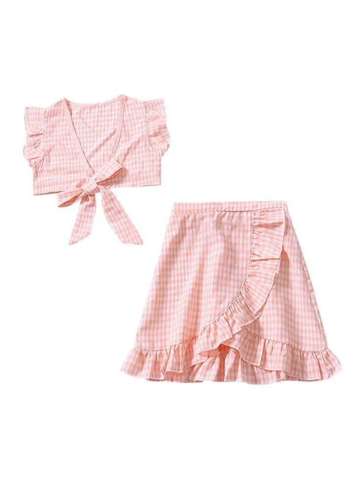 Stylish 2-piece Set Toddler Baby Girl Checked Tops Skirt