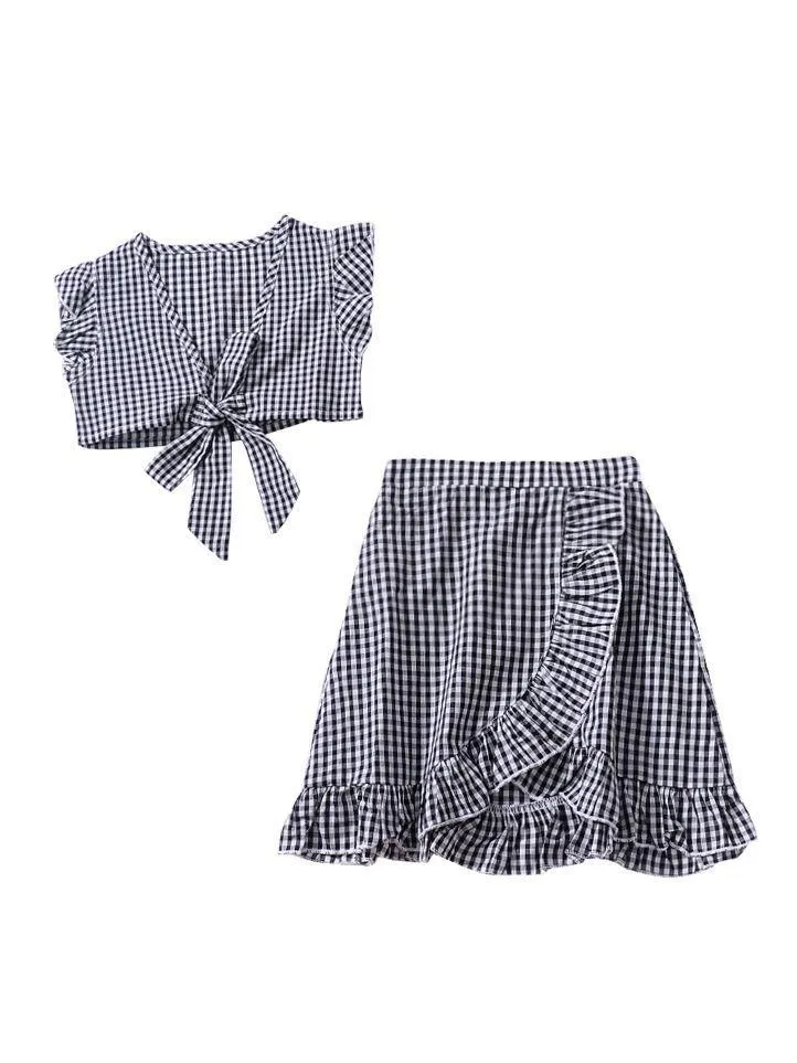 Stylish 2-piece Set Toddler Baby Girl Checked Tops Skirt