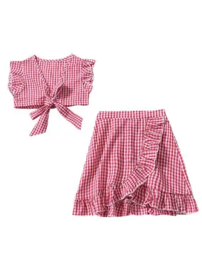 Stylish 2-piece Set Toddler Baby Girl Checked Tops Skirt